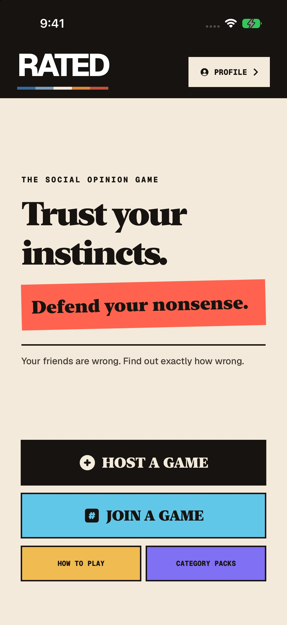 RATED home screen with Host a Game and Join a Game buttons