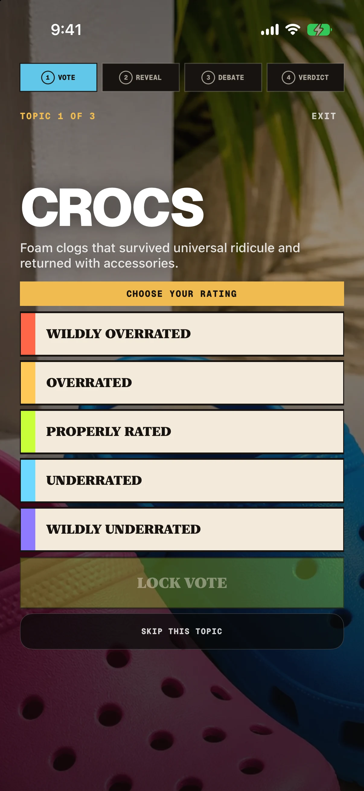 RATED private voting screen for the topic Crocs