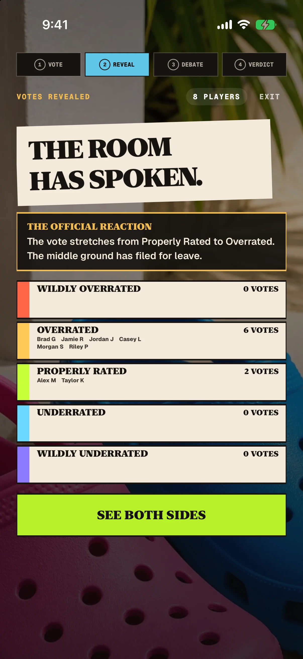 RATED reveal screen showing how eight players voted