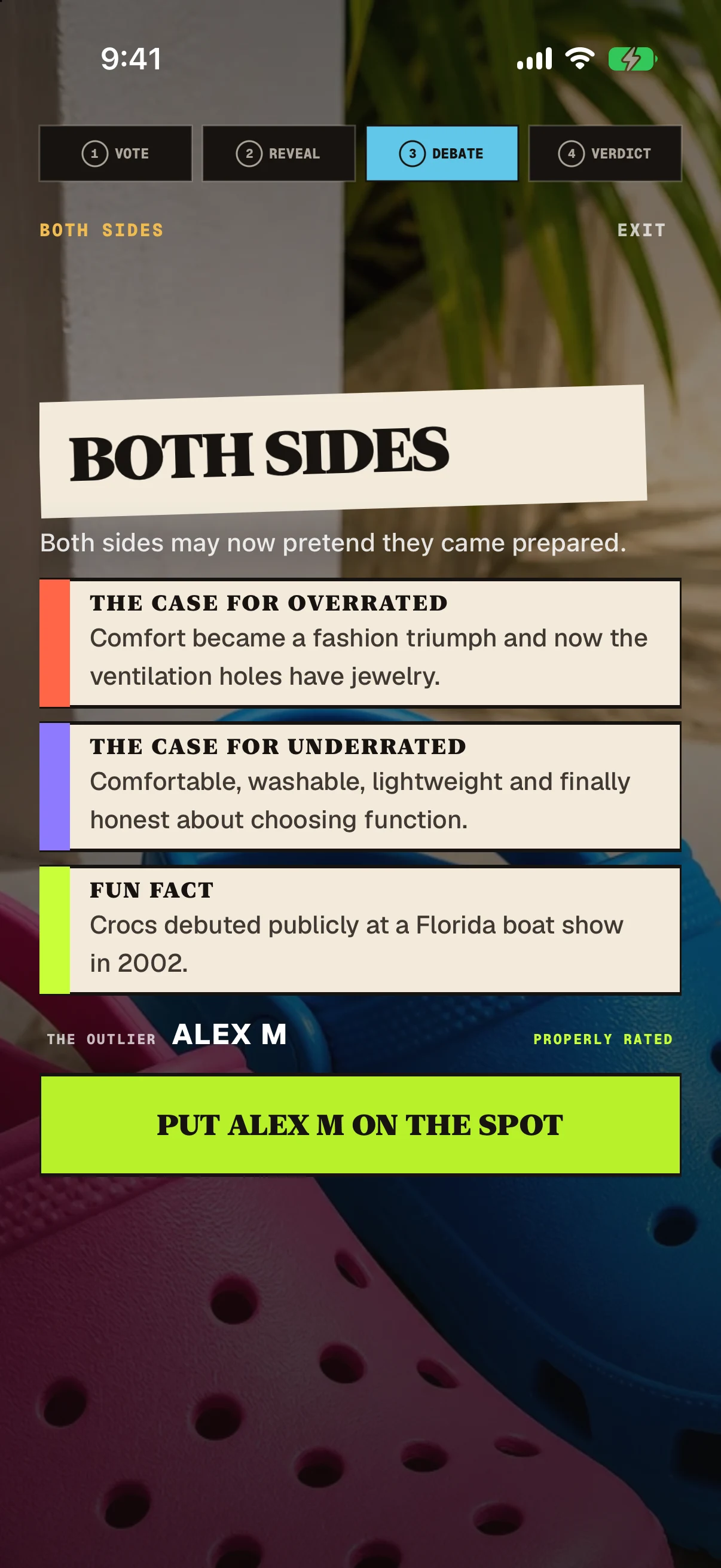 RATED debate screen presenting both sides of the argument