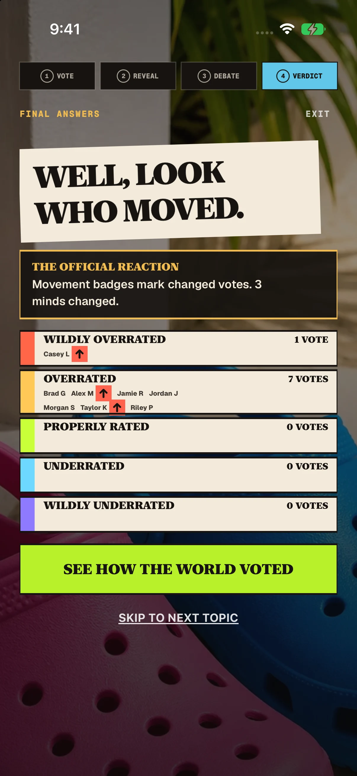 RATED verdict screen showing changed votes